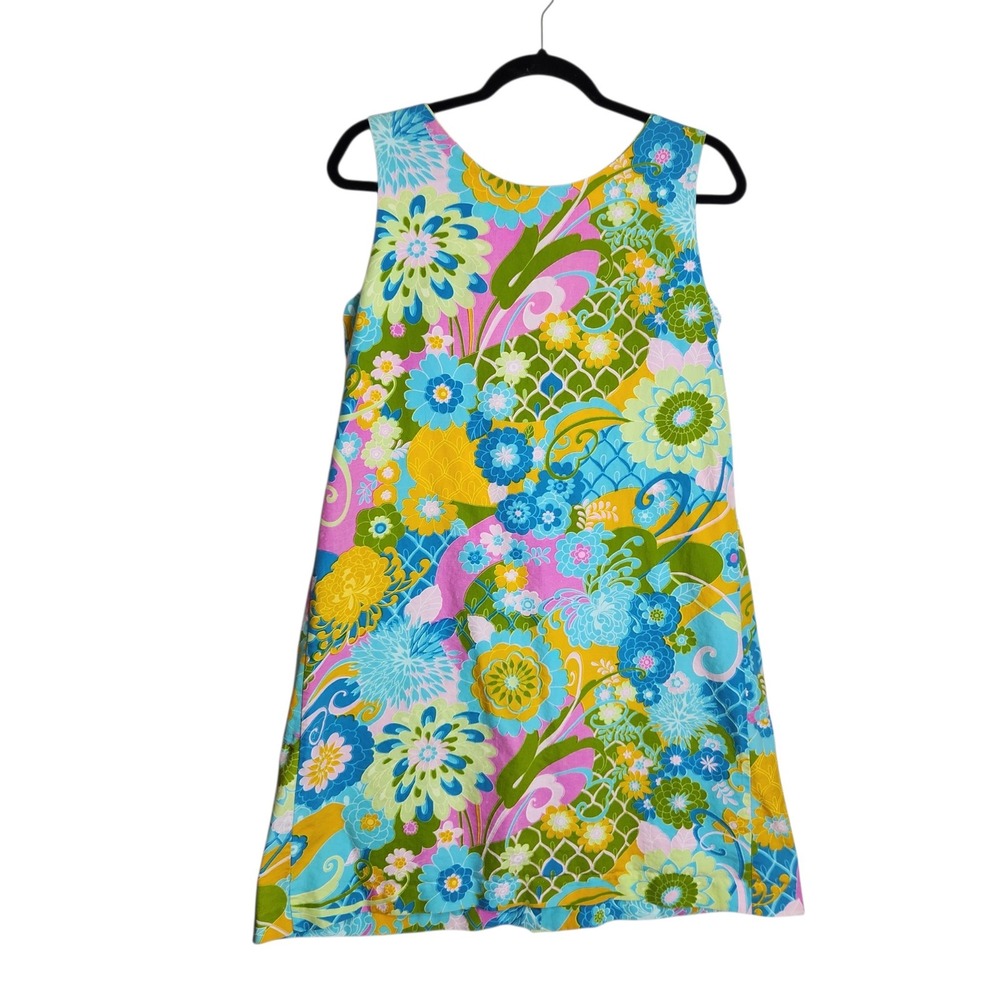 Vintage Le Voys Floral Shift Dress Sleeveless Button Front Mod Psychedelic Blue